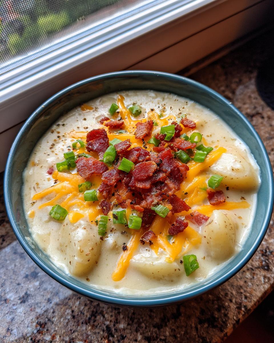A creamy bowl of loaded baked potato soup topped with shredded cheddar cheese, bacon bits, and green onions.