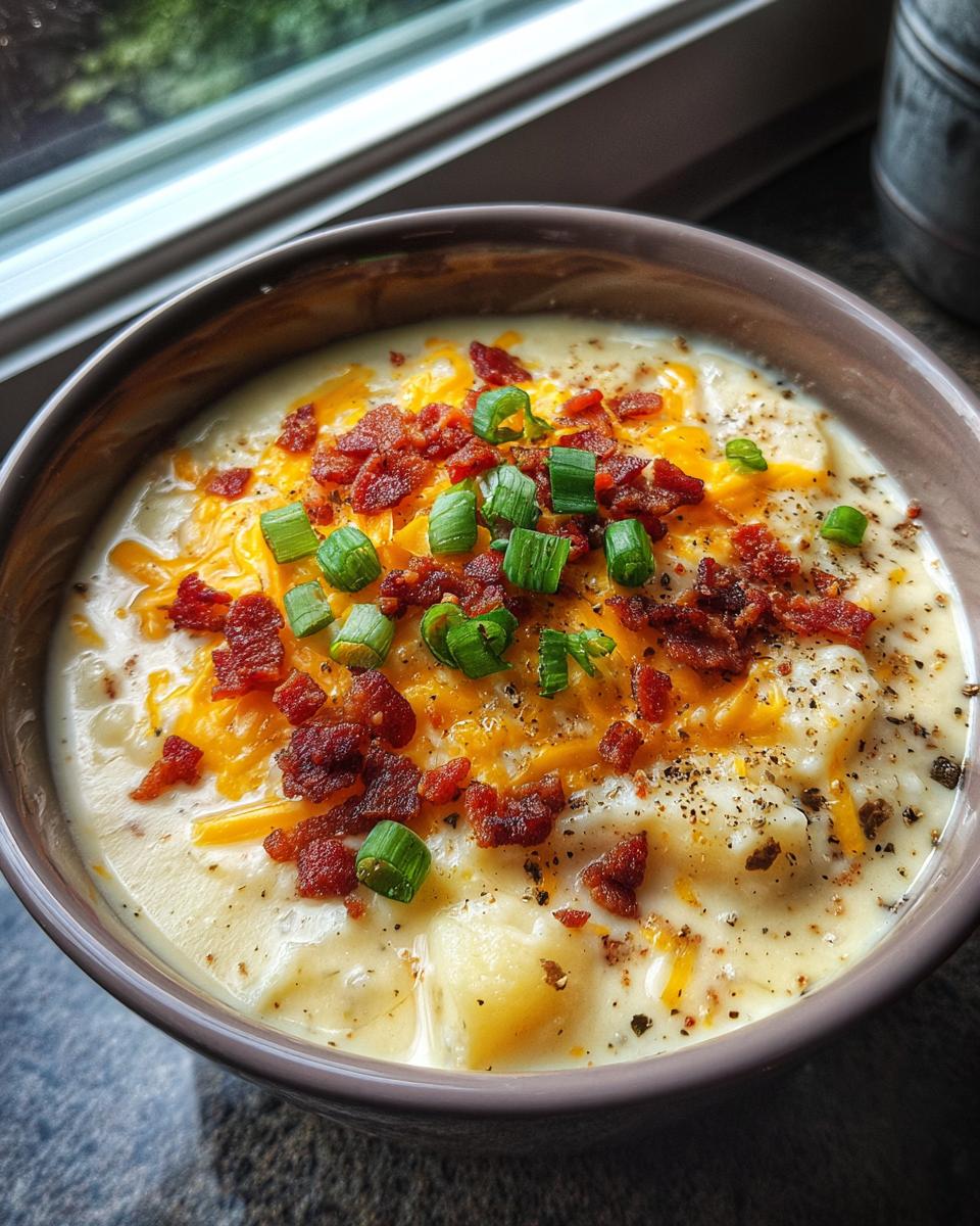 A close-up of a hearty bowl of loaded baked potato soup topped with cheddar cheese, bacon bits, and green onions.