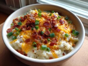 Close-up of a hearty bowl of loaded baked potato soup topped with melted cheddar, crispy bacon bits, and green onions.