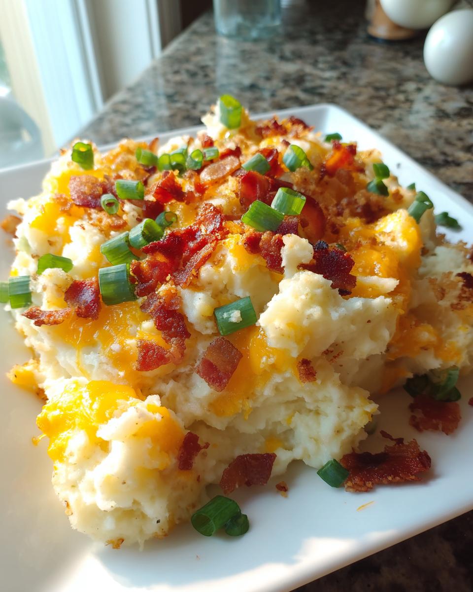 A scoop of creamy mashed potato casserole topped with melted cheddar cheese, crispy bacon bits, and fresh green onions.