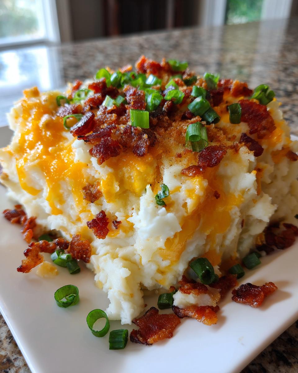 A generous serving of loaded mashed potato casserole topped with melted cheddar cheese, crispy bacon, and fresh green onions.