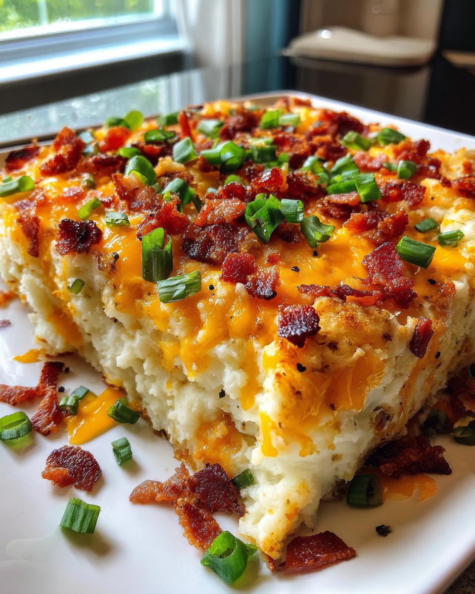 A generous slice of creamy mashed potato casserole topped with melted cheddar cheese, crispy bacon bits, and green onions.