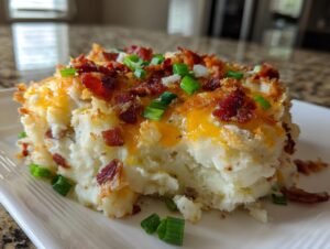 A generous serving of loaded mashed potato casserole topped with melted cheddar cheese, bacon bits, and green onions.