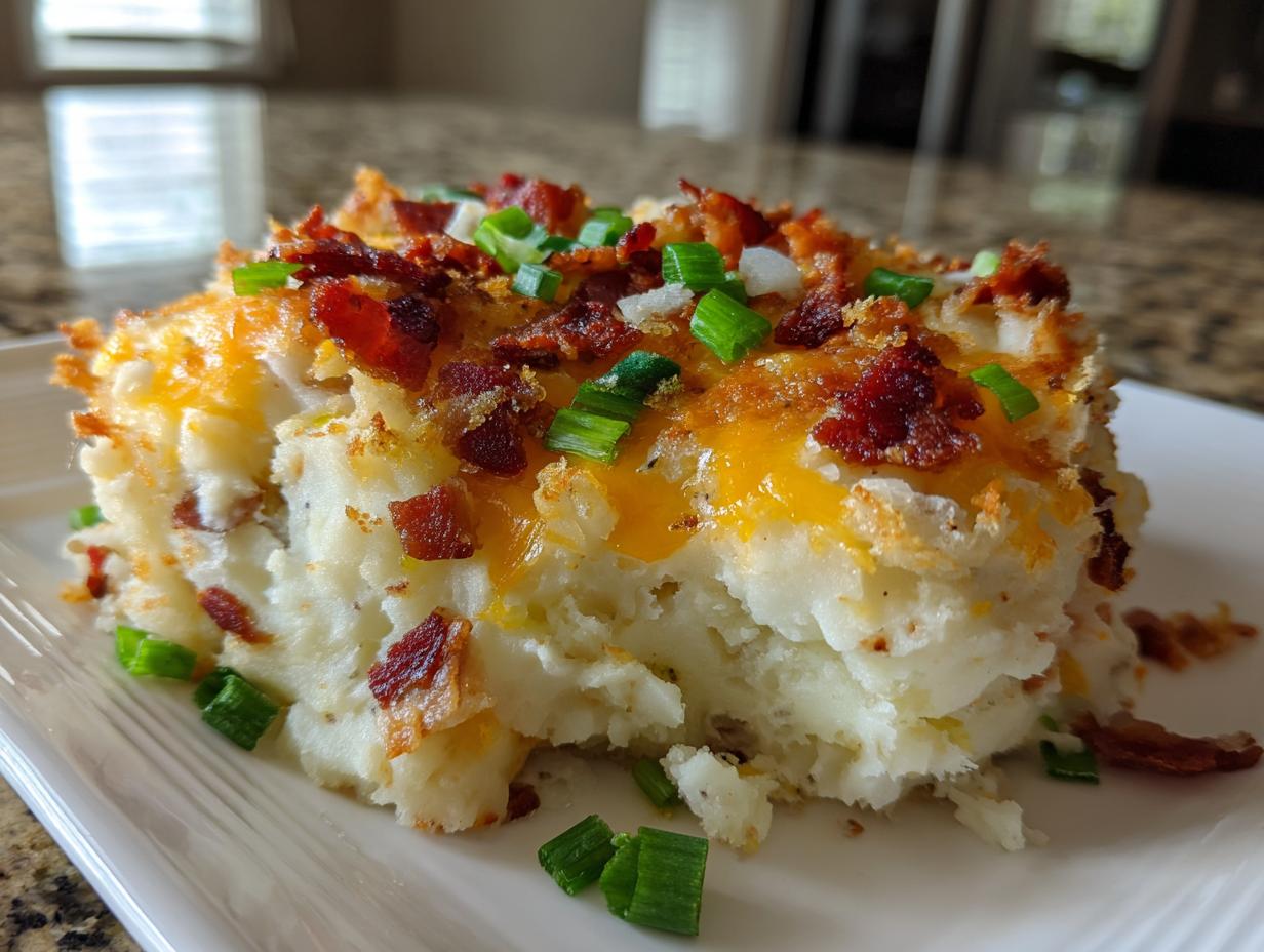 A generous serving of loaded mashed potato casserole topped with melted cheddar cheese, bacon bits, and green onions.