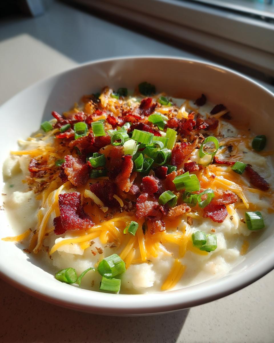 Close-up of a bowl of creamy potato soup recipe topped with bacon bits, shredded cheddar cheese, and fresh green onions.