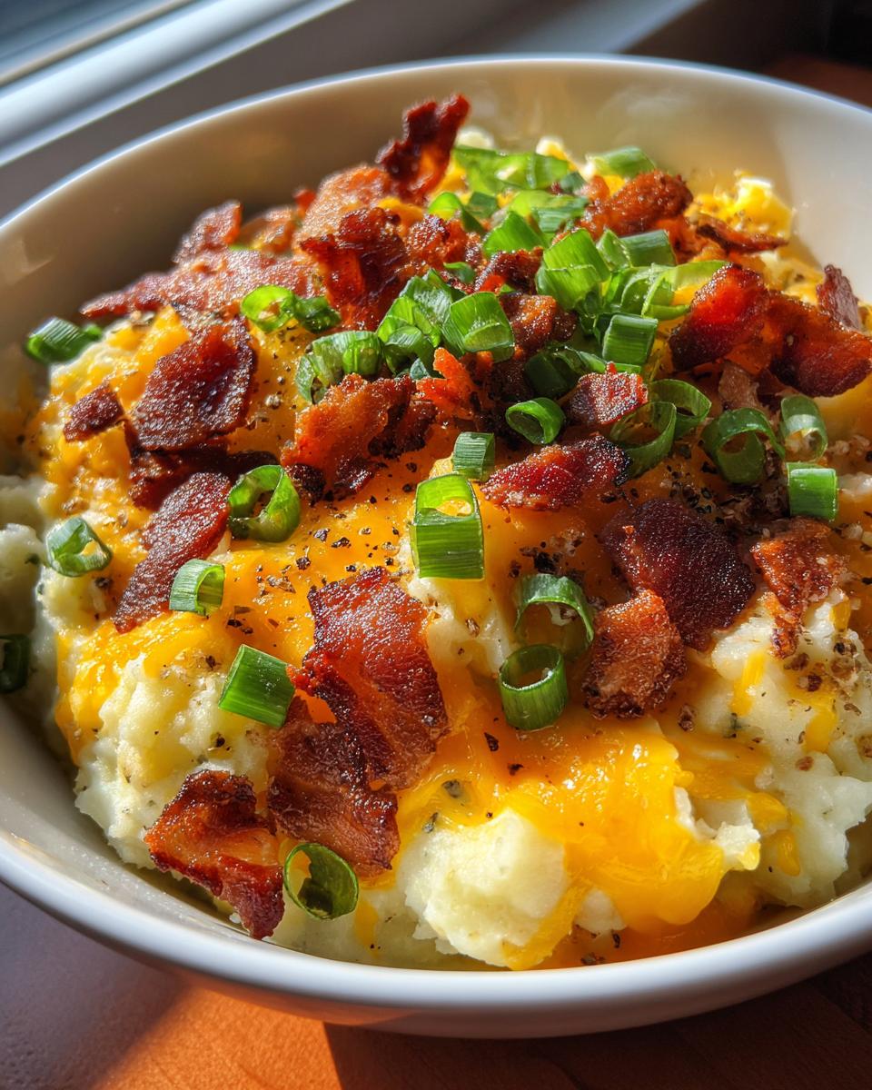 Close-up of creamy potato soup topped with melted cheddar cheese, bacon bits, and green onions.