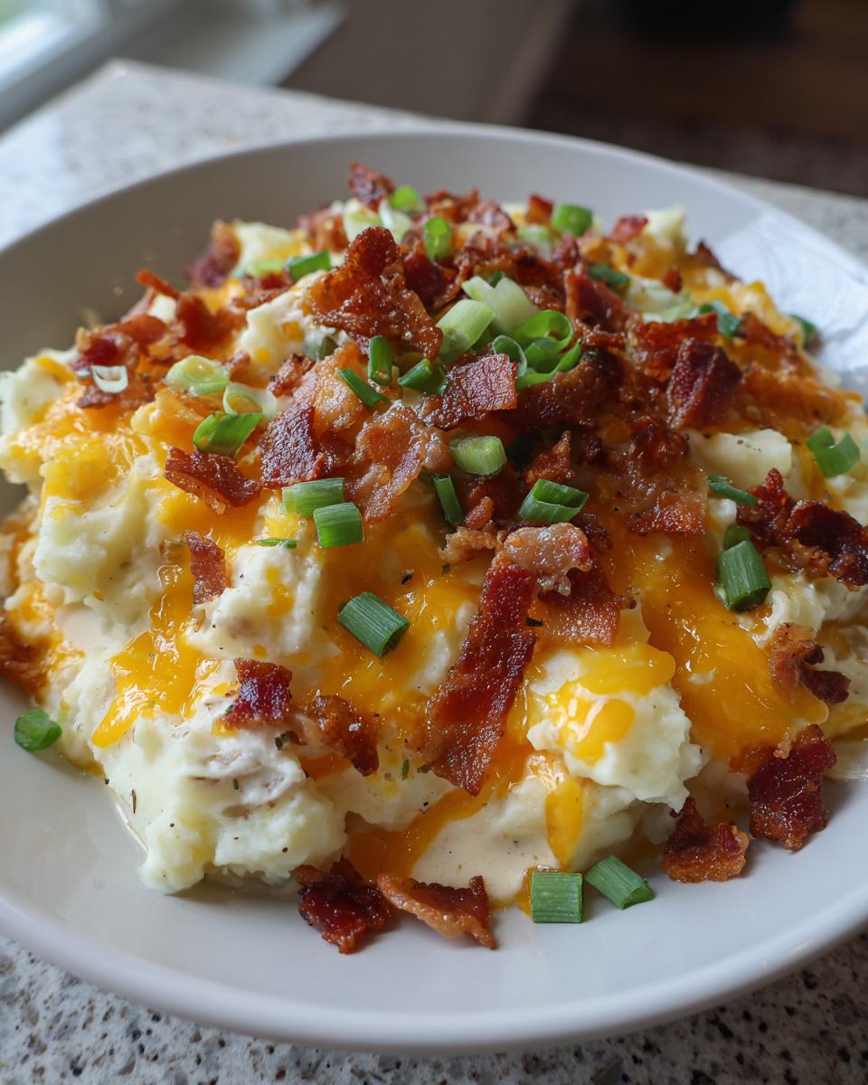 A bowl of creamy potato soup topped generously with melted cheddar cheese, bacon bits, and green onions.