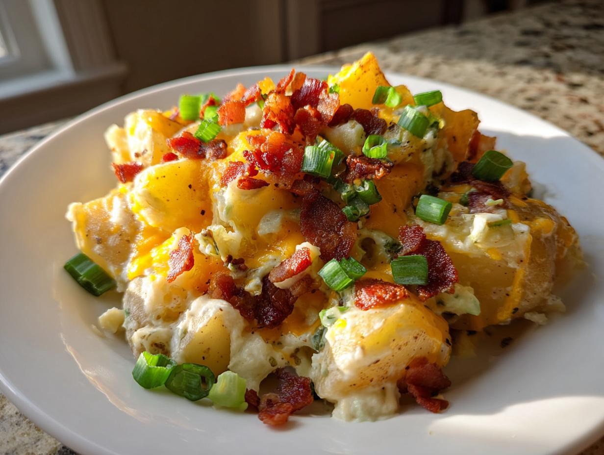 A bowl of chunky potato soup topped with melted cheddar cheese, bacon bits, and green onions.