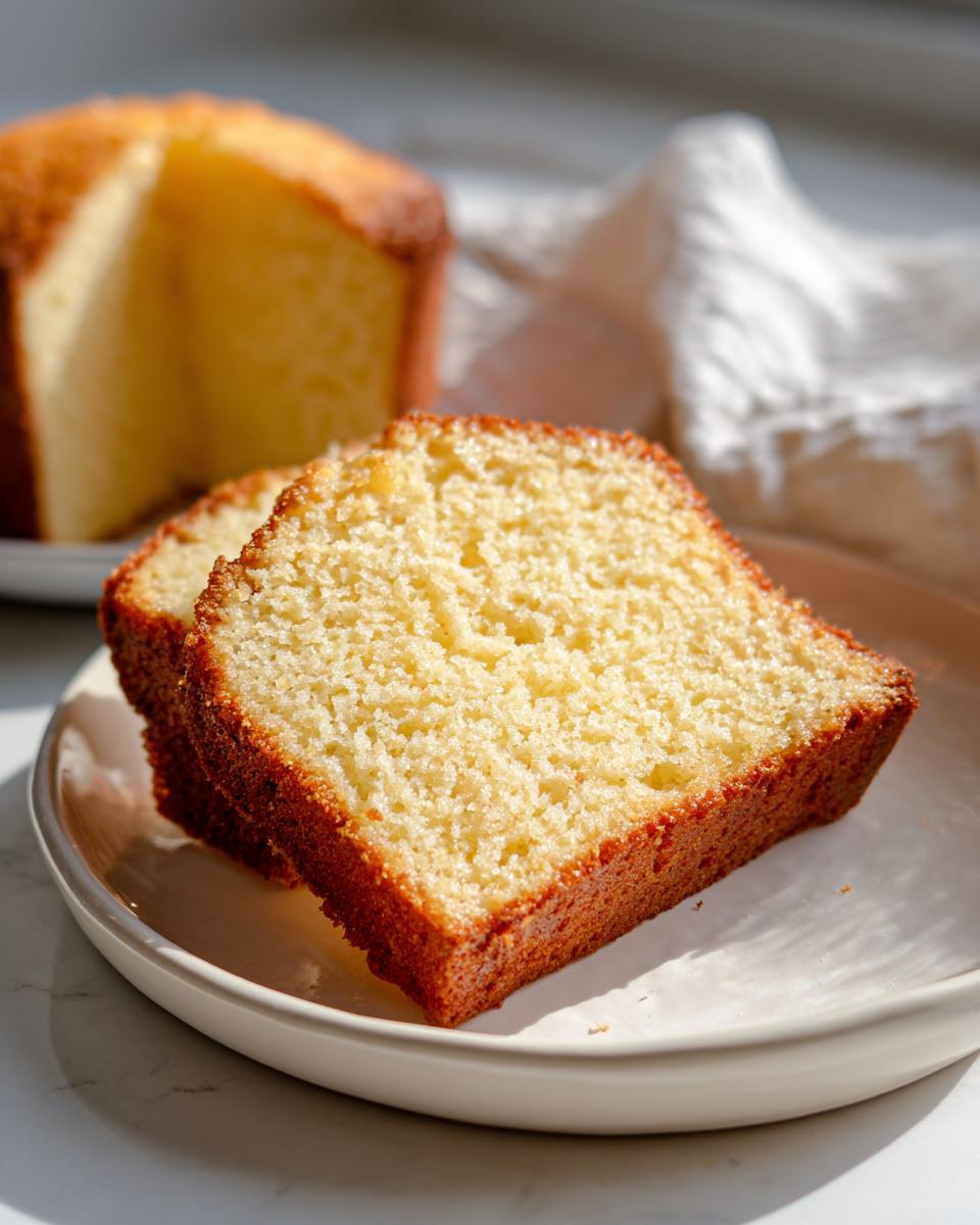 Two golden slices of moist vanilla cake resting on a white plate, with the rest of the vanilla cake blurred in the background.