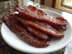 A stack of shiny, caramelized Millionaire bacon slices resting on a small white plate.