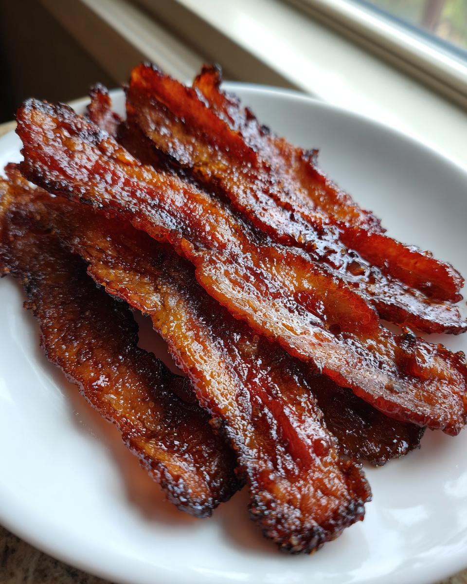 Close-up of several shiny, caramelized strips of Millionaire bacon stacked on a white plate.
