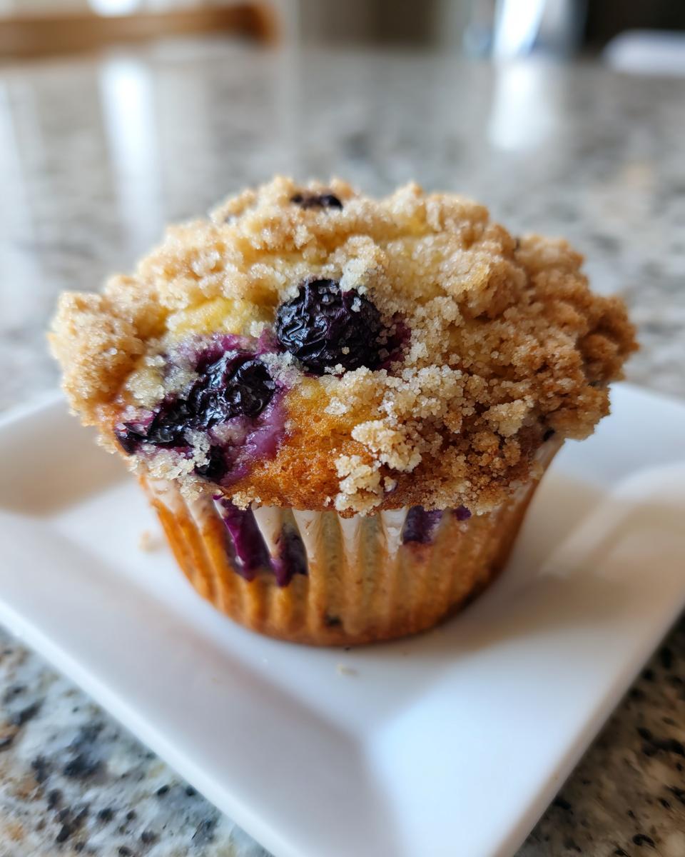 A close-up of a single, moist blueberry muffins topped with a generous layer of sweet streusel crumb topping.