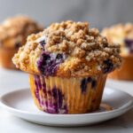 Close-up of a moist blueberry muffin topped with a generous brown sugar crumb topping, sitting on a small white plate.