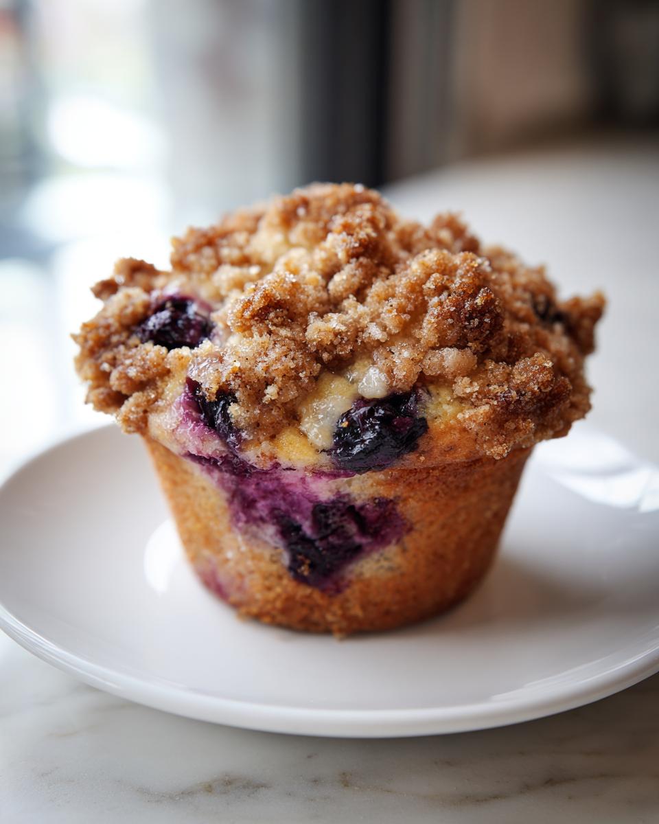 A single, moist blueberry muffins topped with a thick, sugary brown streusel crumb topping, served on a white plate.