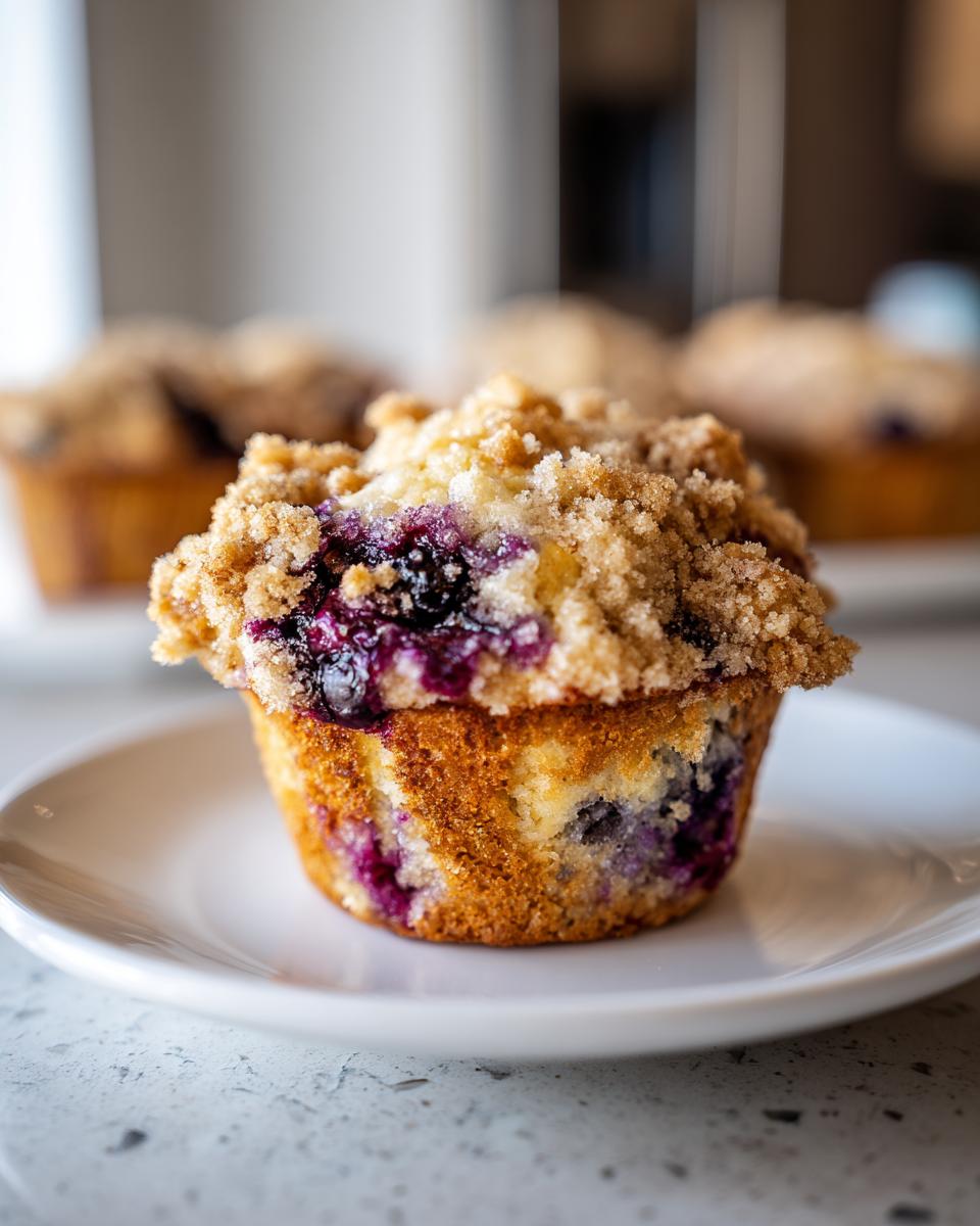 A close-up of a moist blueberry muffin topped with a generous layer of brown sugar streusel topping.