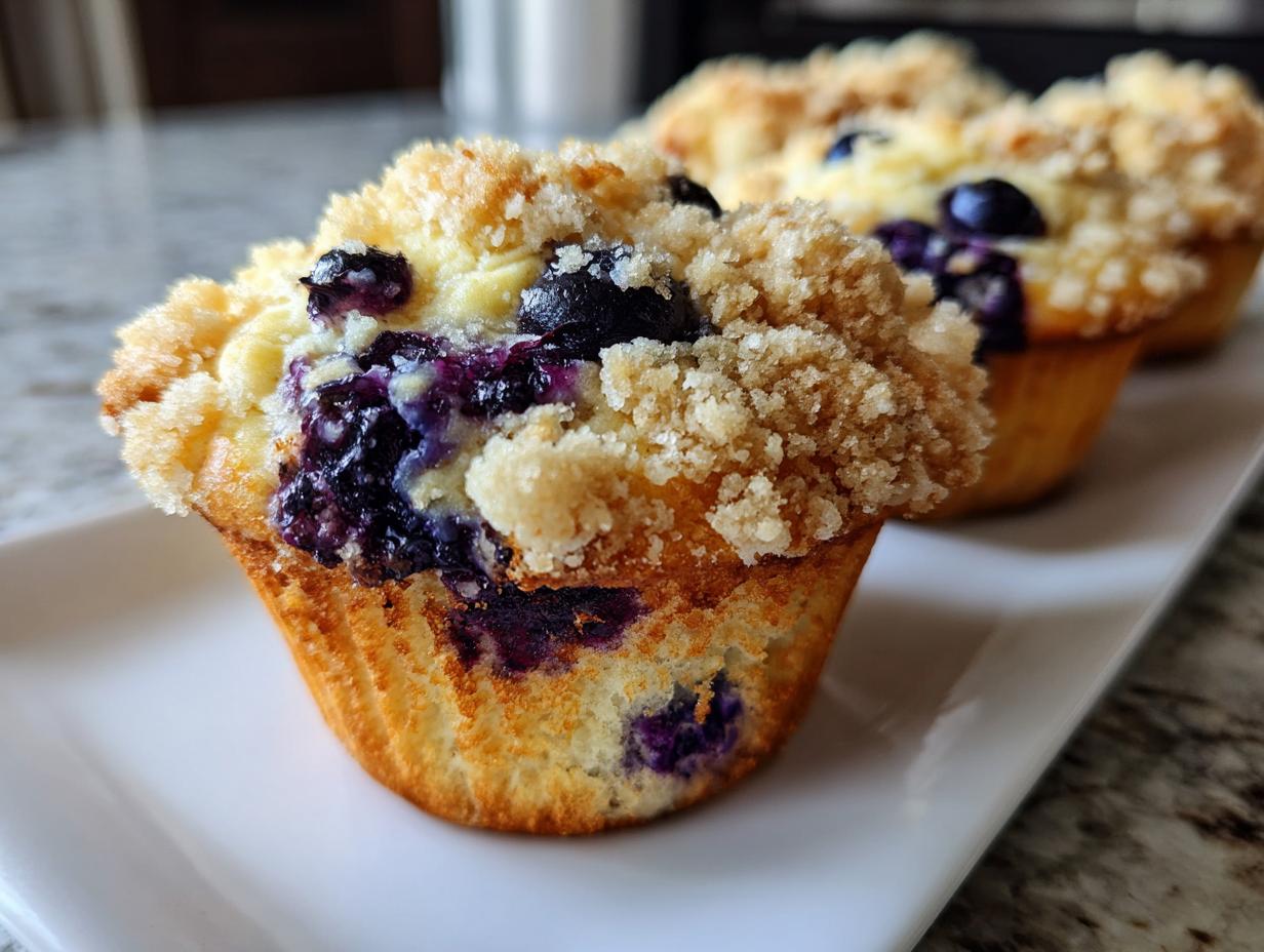 Close-up of a moist blueberry muffin featuring a generous, golden crumb topping and visible burst blueberries.