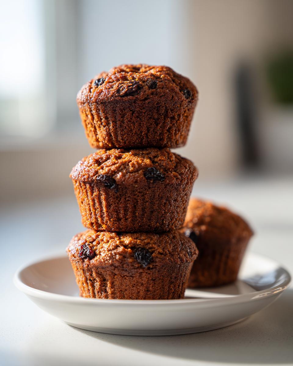 Three dark, moist bran muffins stacked vertically on a small white plate, featuring visible raisins.
