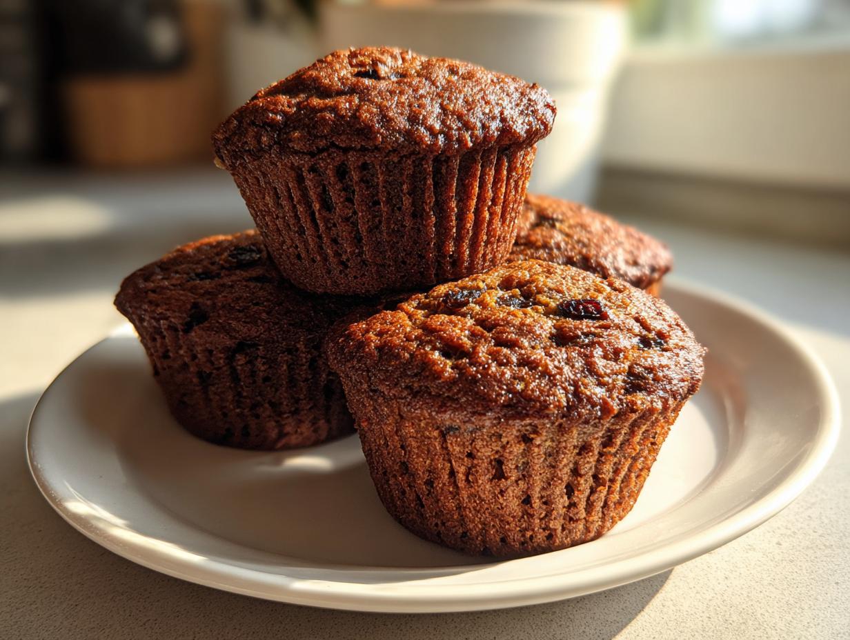 A stack of four dark, moist bran muffins with visible raisins sitting on a white plate in natural light.
