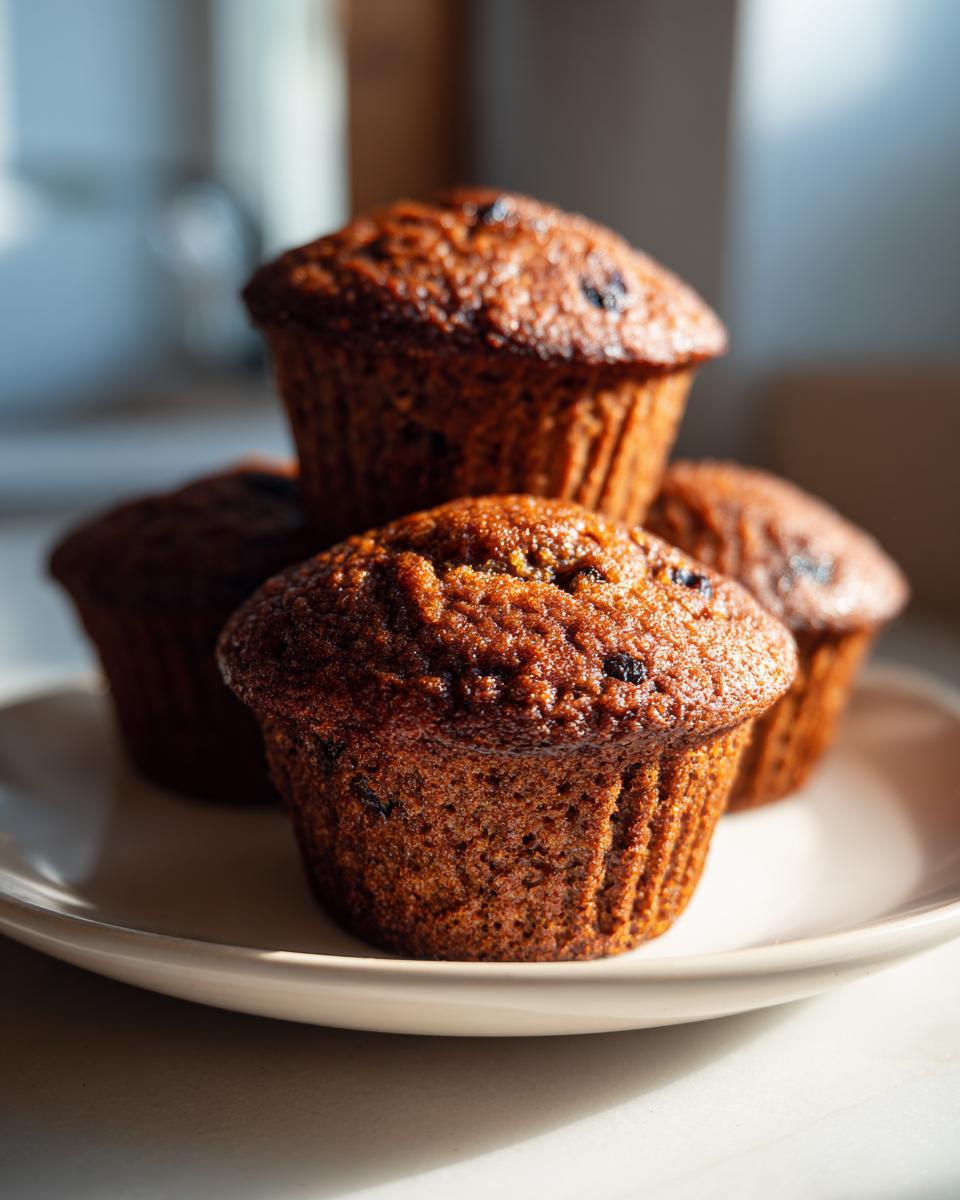 Close-up of four moist bran muffins stacked slightly on a light-colored plate, highlighted by natural sunlight.