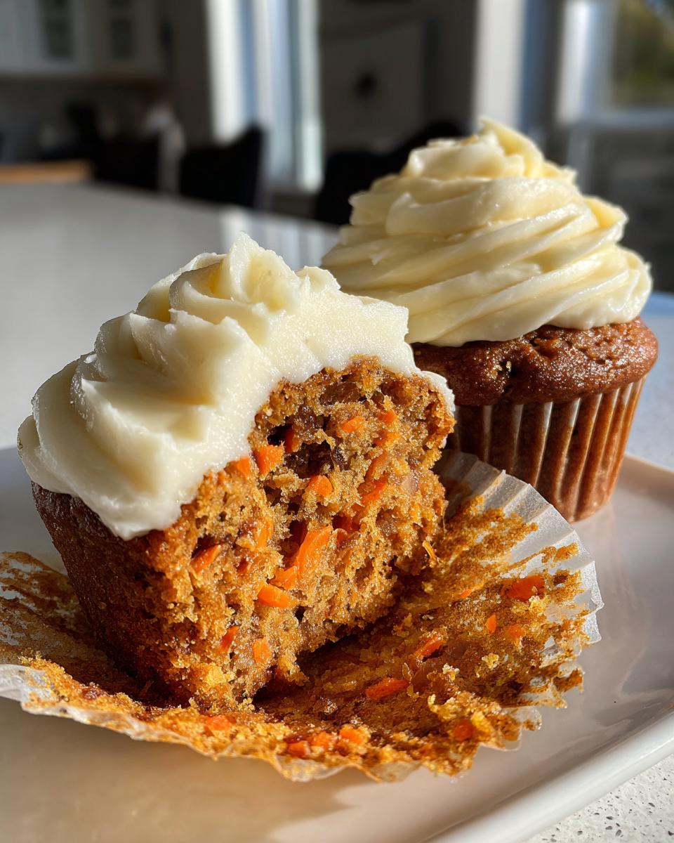 A close-up shot of two carrot cake muffins, one bitten open to show the moist interior filled with shredded carrots.