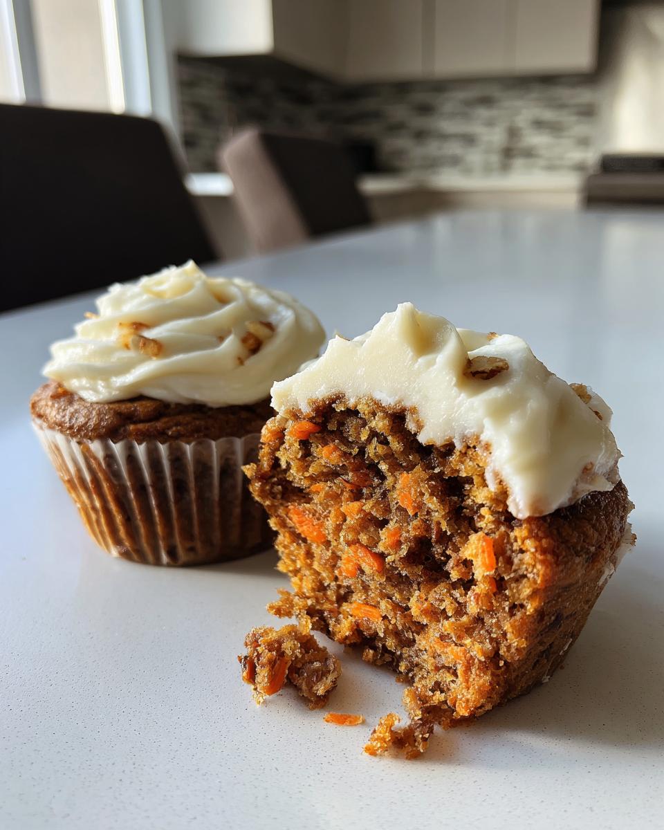Close-up of two carrot cake muffins, one whole and one broken open showing moist interior and cream cheese frosting.