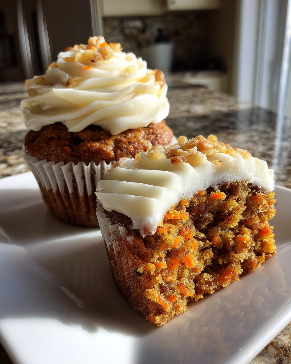 Close-up of two carrot cake muffins, one cut in half showing moist texture and shredded carrots, topped with cream cheese frosting and walnuts.