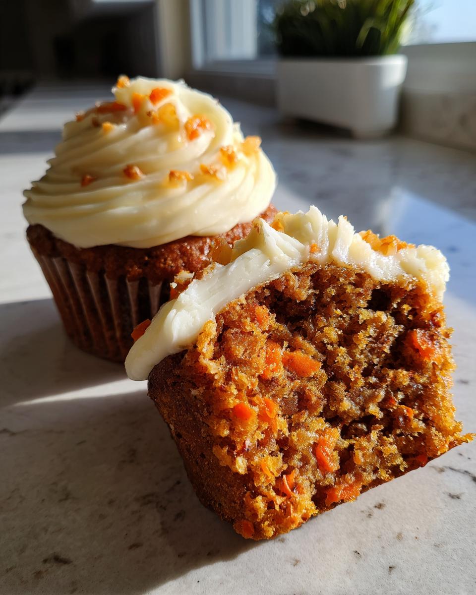 Close-up of a halved carrot cake muffin showing moist texture and cream cheese frosting on top.