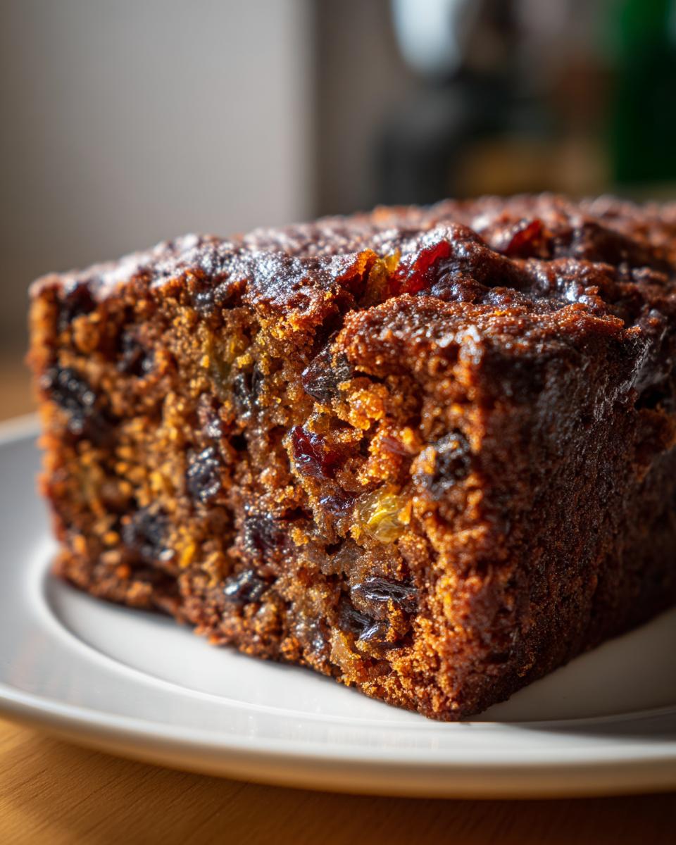 Close-up of a moist slice of dark, rich fruit cake loaded with dried fruits and cherries.