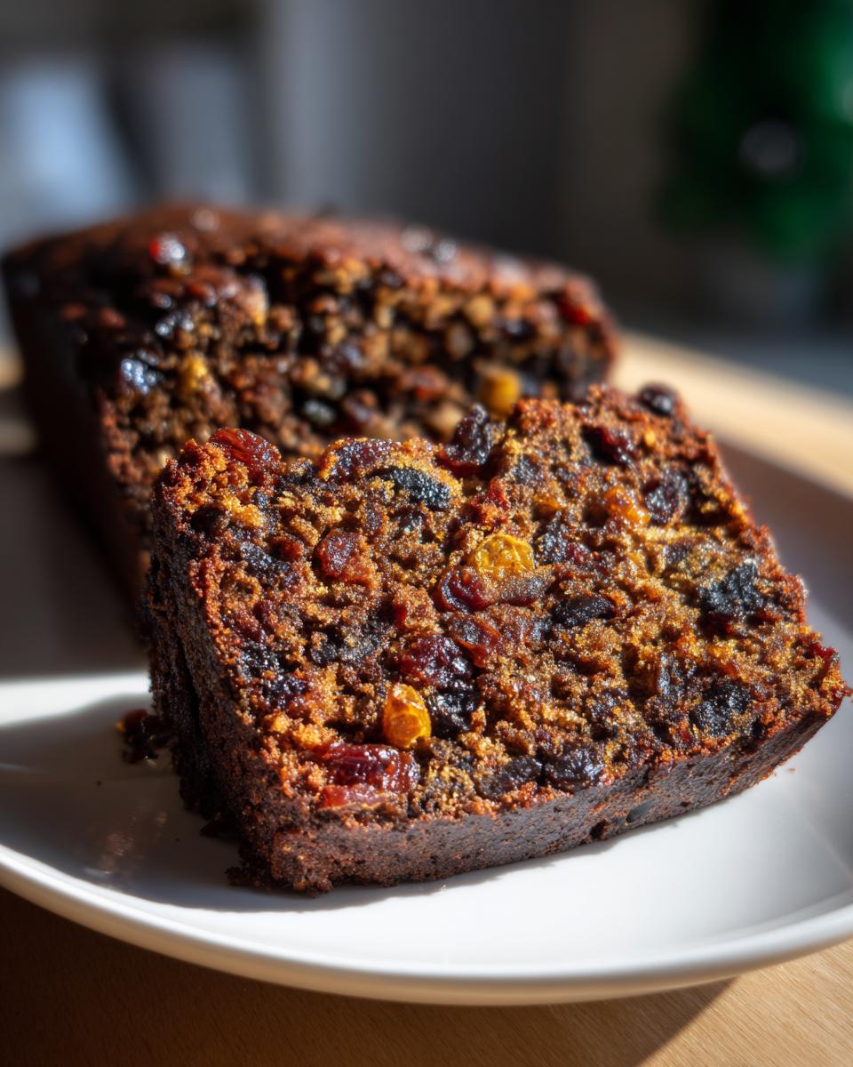 Close-up of a thick slice of moist fruit cake, packed with dark and golden dried fruits, sitting on a white plate.