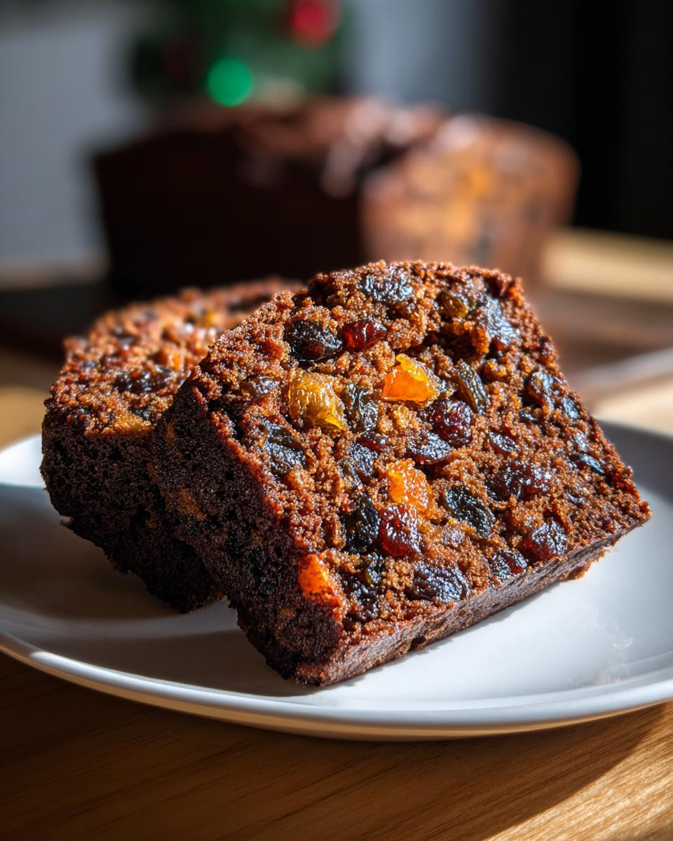 Two thick slices of moist, dark fruit cake packed with dried fruits and candied peel on a white plate.