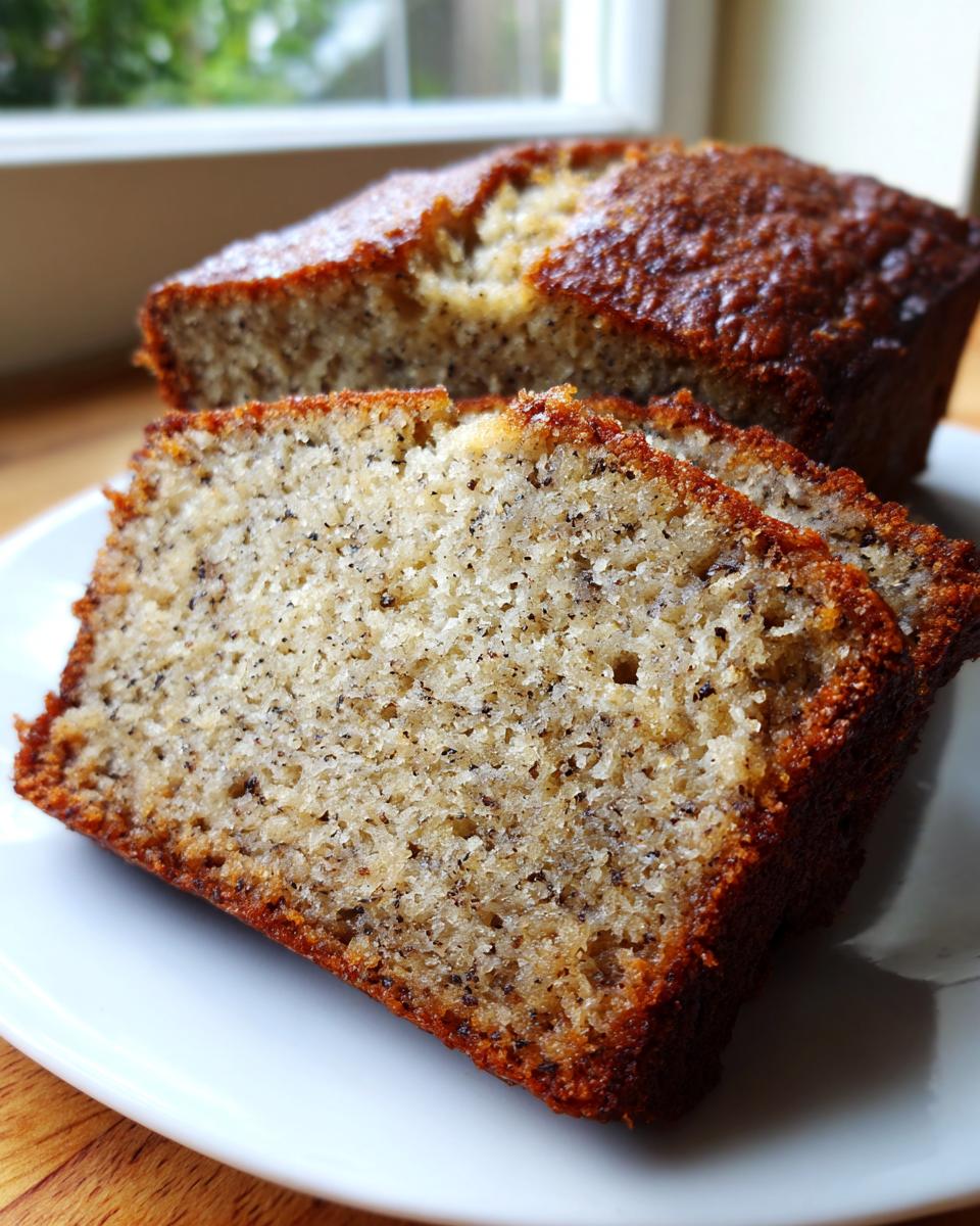 Close-up of two slices of moist greek yogurt banana bread with a dark, caramelized crust.