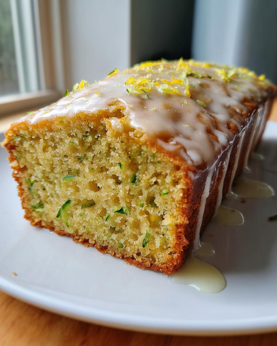 A moist loaf of lemon zucchini bread topped with lemon glaze and zest, sitting on a white plate.