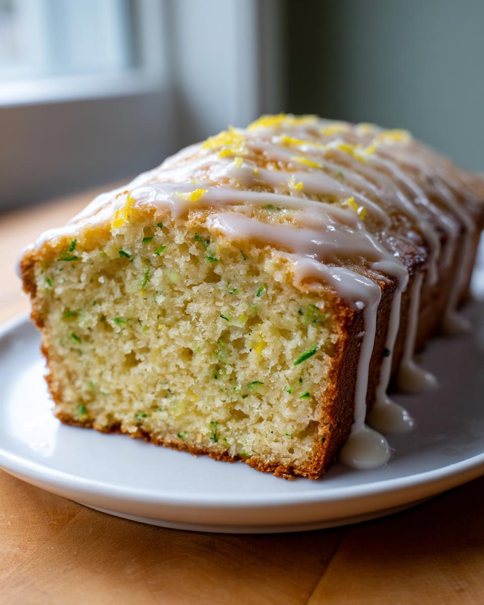 A whole loaf of moist lemon zucchini bread topped with a thick white glaze and lemon zest.