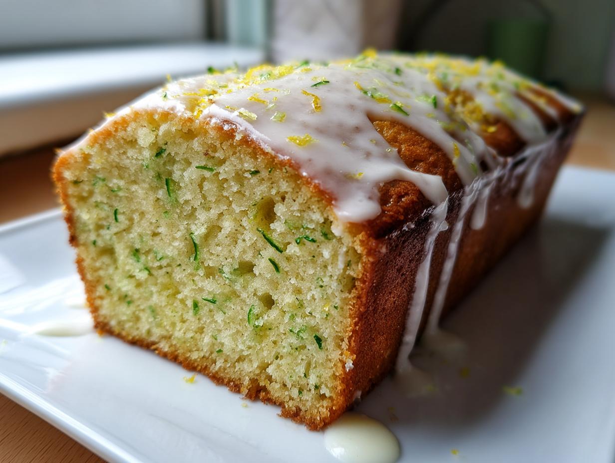 A loaf of moist lemon zucchini bread, sliced to show green zucchini shreds, topped with white glaze and lemon zest.