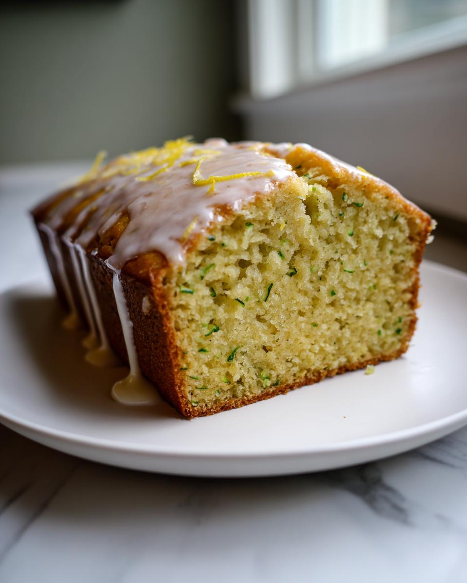 A close-up of a moist slice of lemon zucchini bread topped with a white glaze and lemon zest.