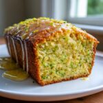 Close-up of a moist slice of lemon zucchini bread, drizzled with a thick glaze and topped with lemon zest.
