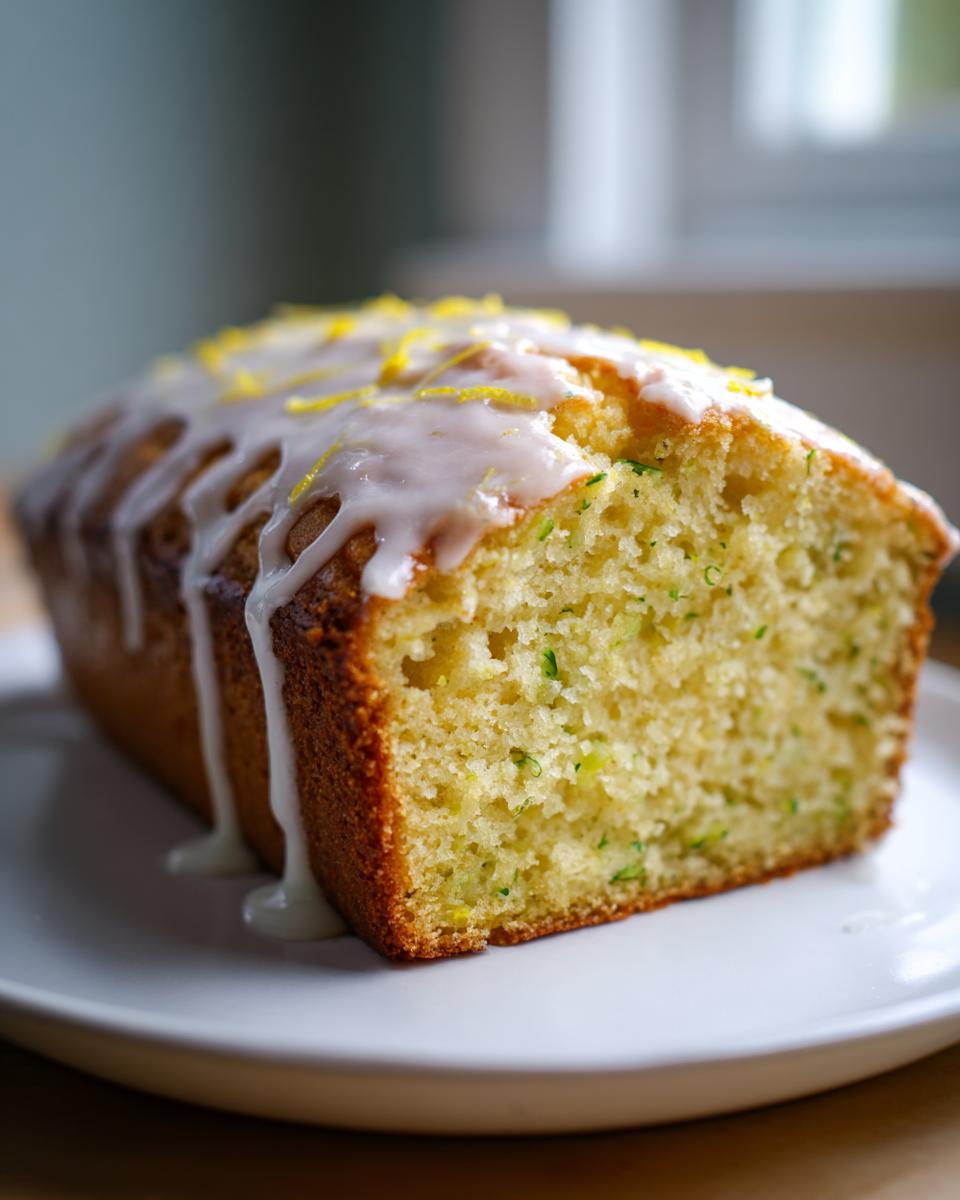 A close-up of a moist slice of lemon zucchini bread topped with white glaze and lemon zest.