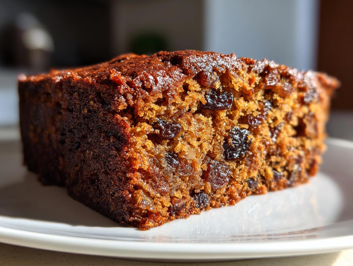 Close-up of a moist slice of rich, dark fruit cake loaded with raisins, sitting on a white plate.