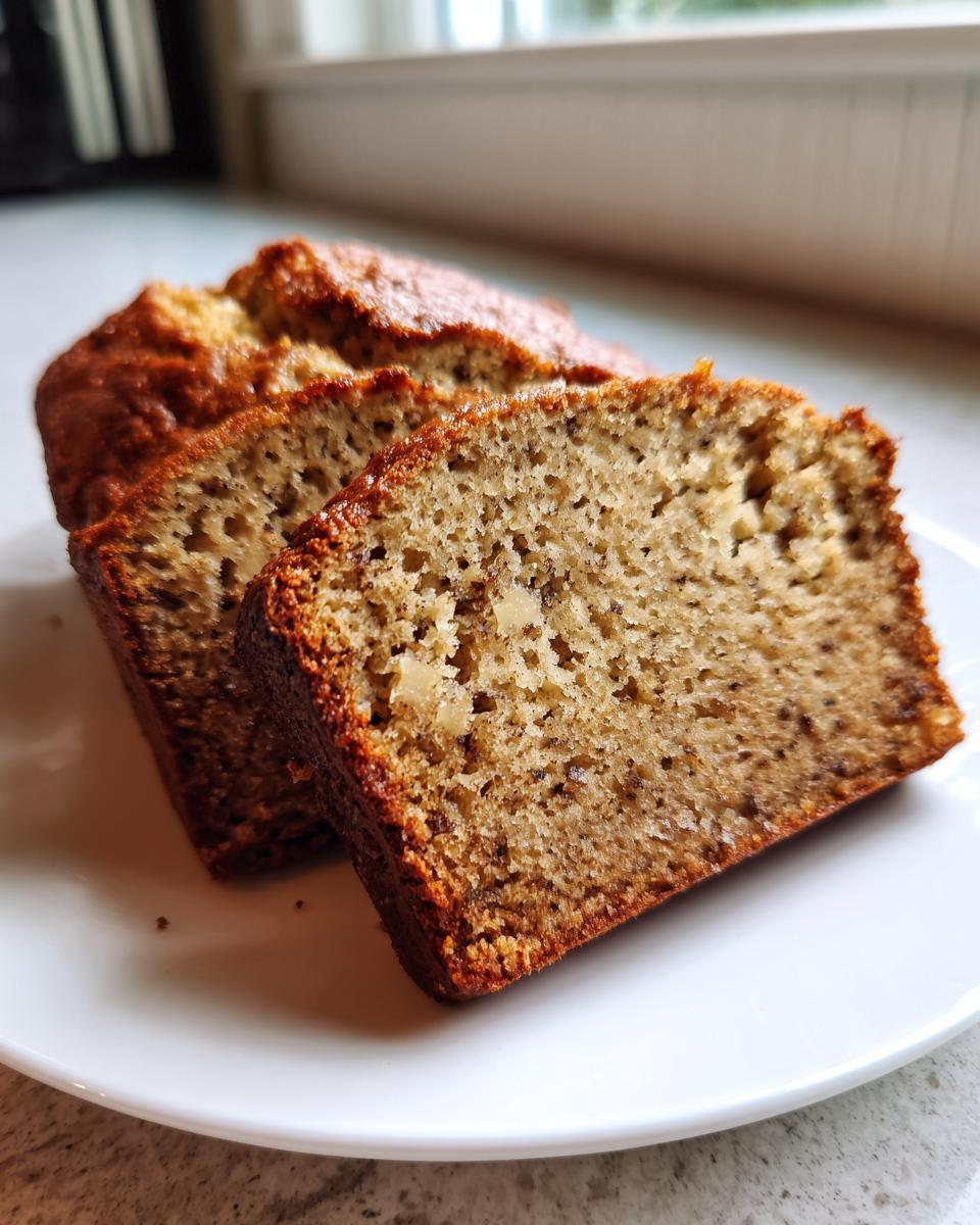 Close-up of two moist slices of greek yogurt banana bread served on a white plate.
