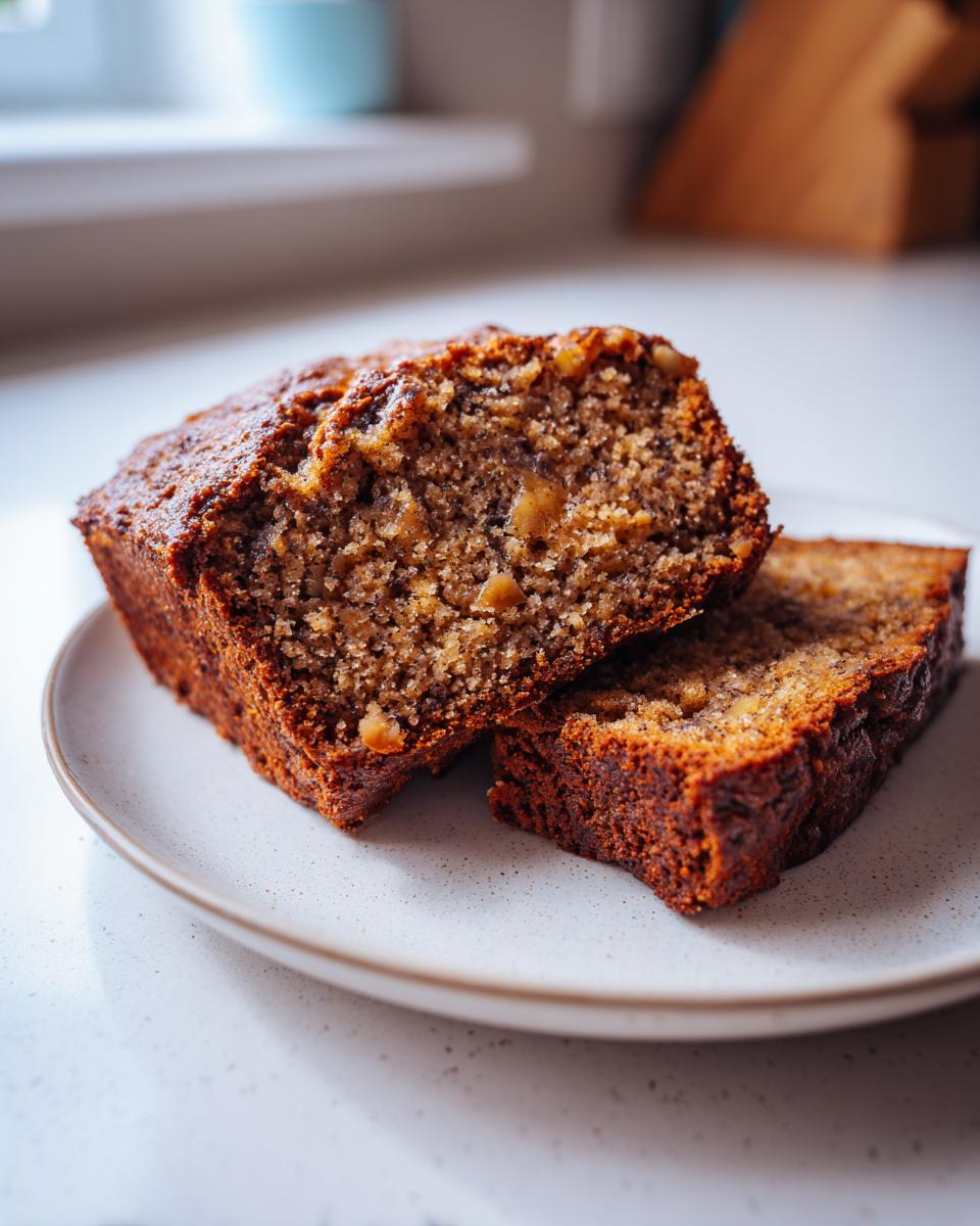 Close-up of two slices of moist greek yogurt banana bread showing a rich brown crust and soft, nutty interior.