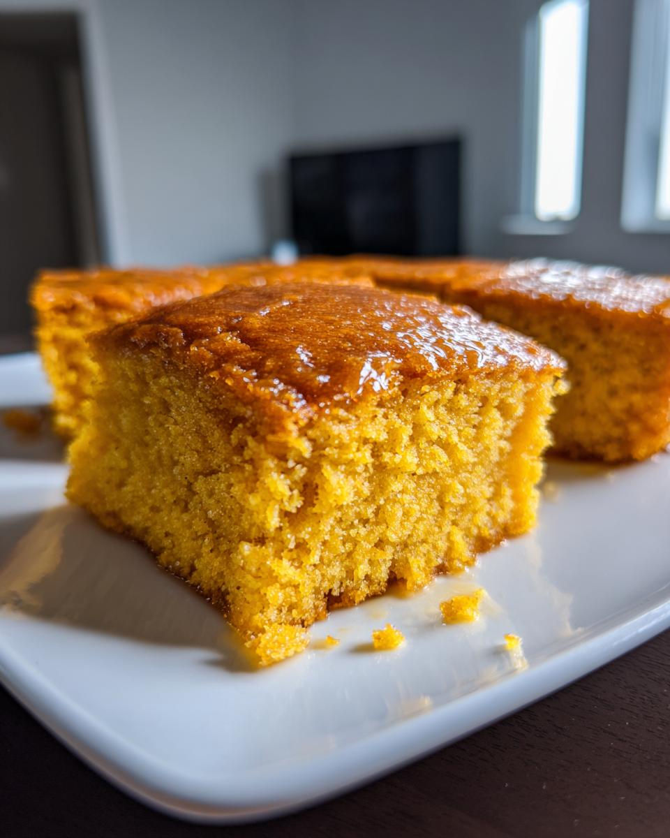 A close-up, square piece of vibrant orange sweet potato cornbread with a glossy top, sitting on a white plate.