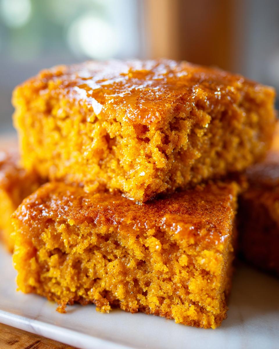 Close-up of moist, square sweet potato cornbread bites stacked, glistening with a sweet glaze.