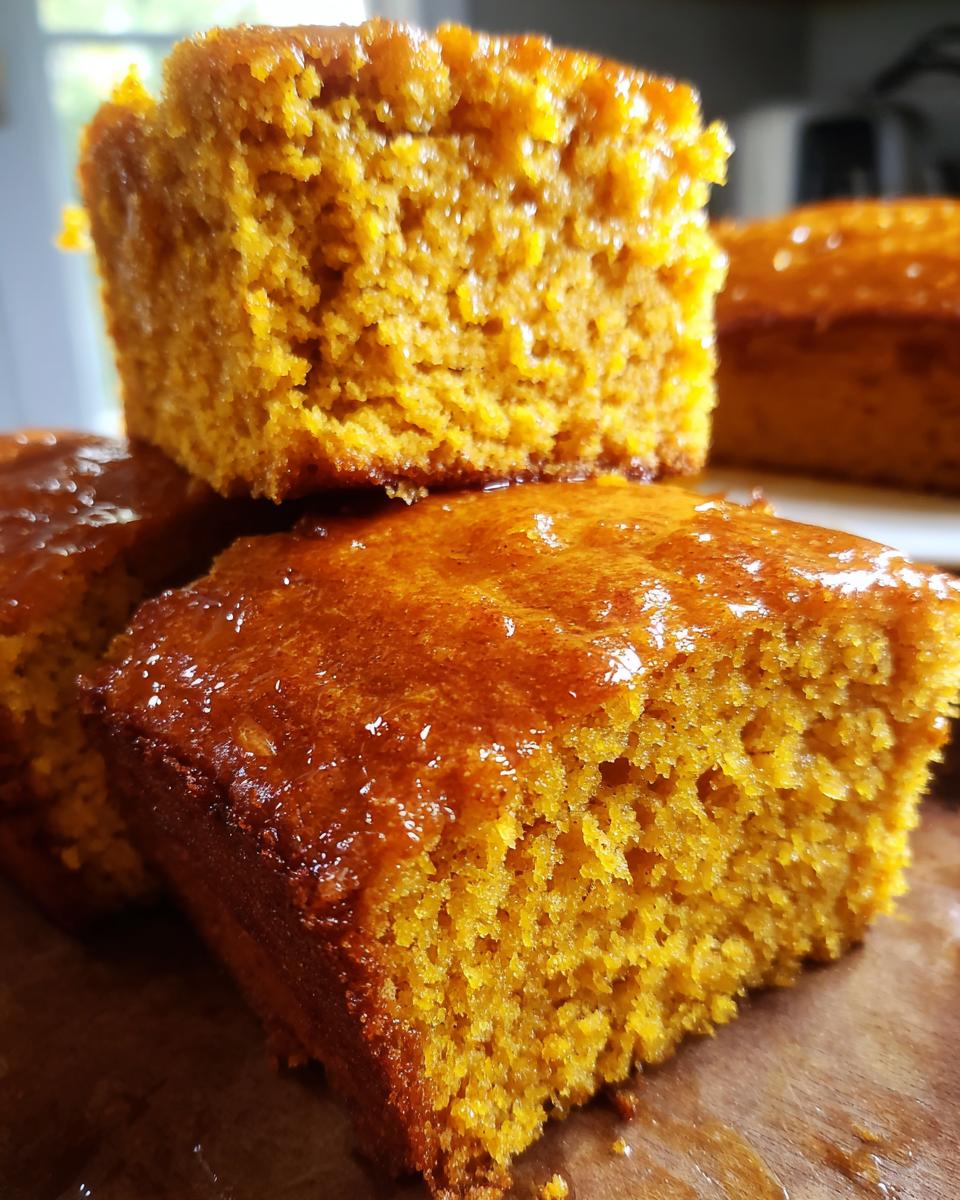 Close-up of moist, orange sweet potato cornbread bites stacked, featuring a shiny glaze.