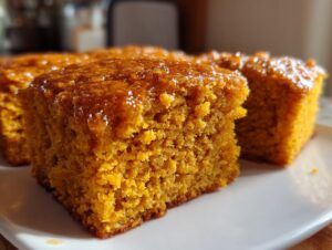 Close-up of moist, square sweet potato cornbread bites topped with a shiny glaze on a white plate.
