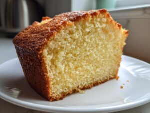 Close-up of a moist slice of vanilla cake showing its fine crumb and golden brown edges on a white plate.