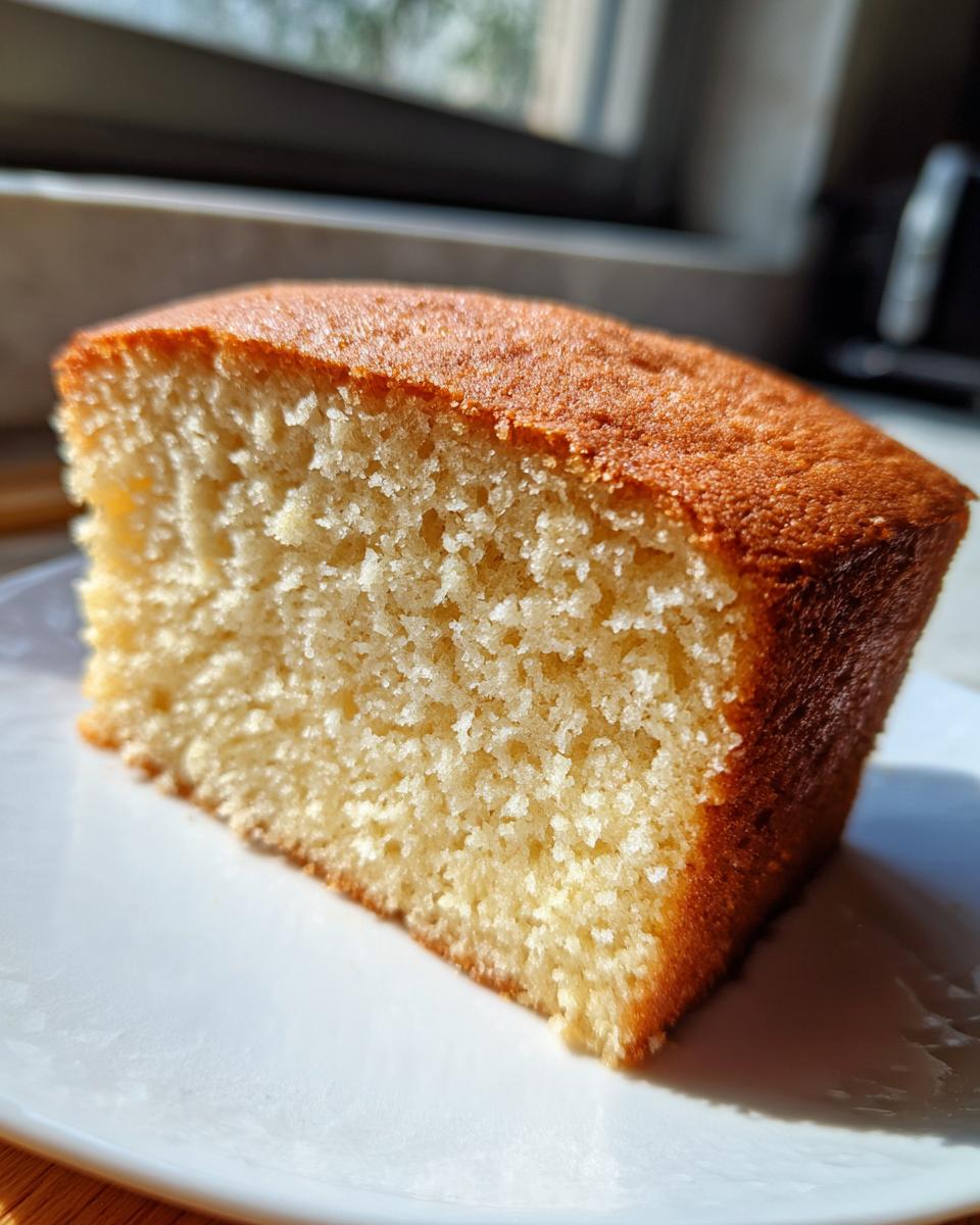 Close-up of a thick slice of moist vanilla cake showing its fine crumb and golden-brown crust.