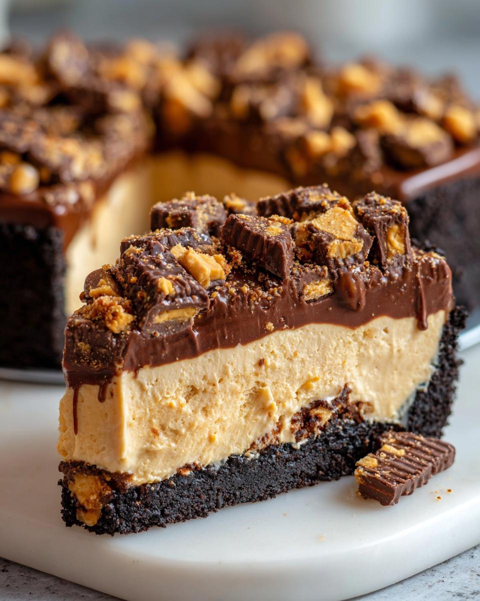 A thick slice of no-bake butterfinger pie featuring a dark crust, creamy peanut butter filling, and chocolate ganache topped with chopped candy.