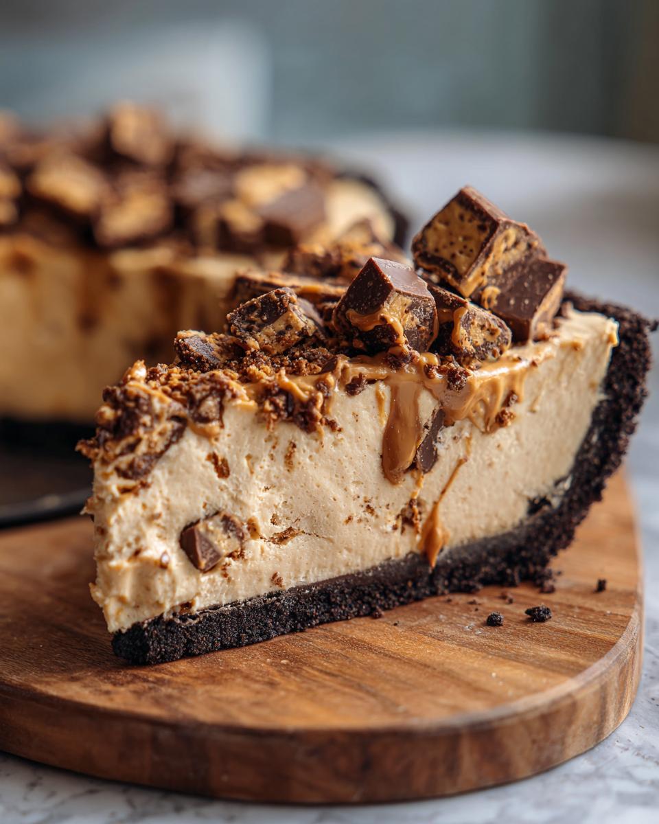 A thick slice of no-bake butterfinger pie featuring a dark crust, creamy filling, and topped with chopped candy pieces.