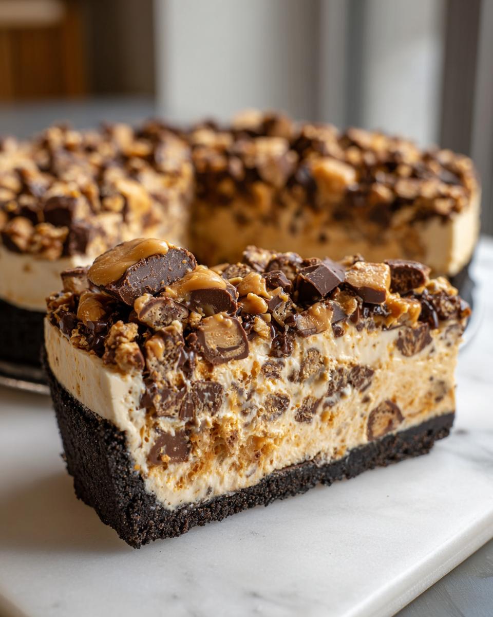 A close-up slice of no-bake butterfinger pie showing a dark crust, creamy filling with candy pieces, and a generous topping.