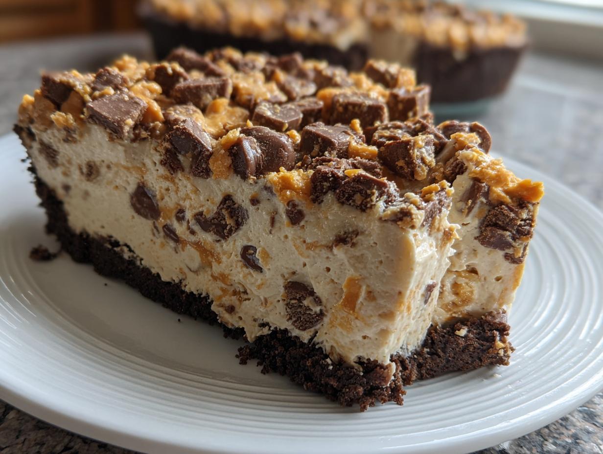 A thick slice of no-bake Butterfinger pie featuring a dark chocolate crust and creamy filling topped with chopped Butterfinger pieces.
